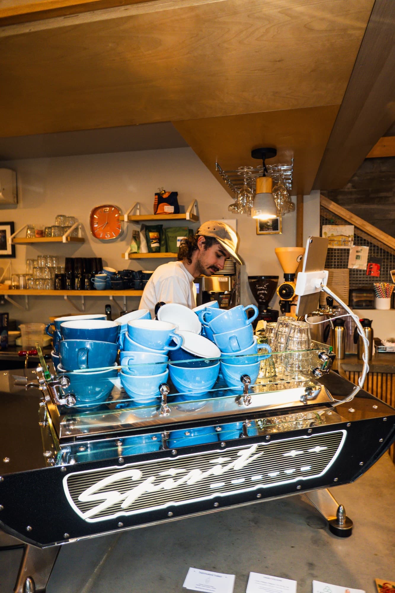 The espresso machine is warming up